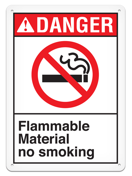 DANGER FLAMMABLE MATERIAL NO SMOKING PrimeGuard® ANSI style Safety Sign (10in x 14in)