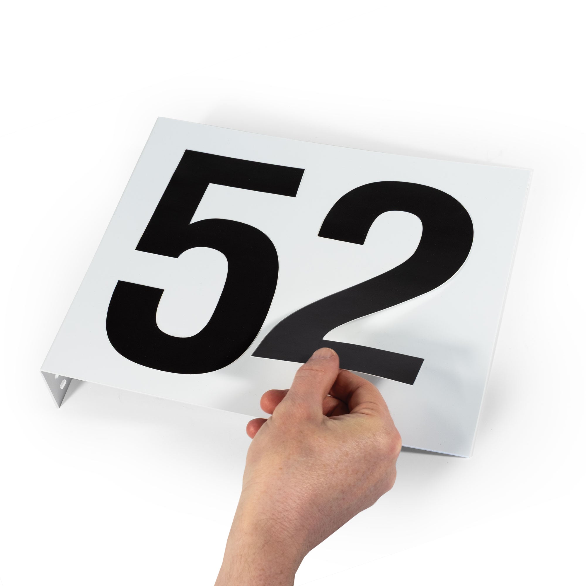 WML10BLNK Heavy Duty Warehouse Aisle Location Signs (12 in x 10 in) Blank with L-Bend (10 /pkg) with DC08PK-series numbers being applied to create a custom sign reading 52