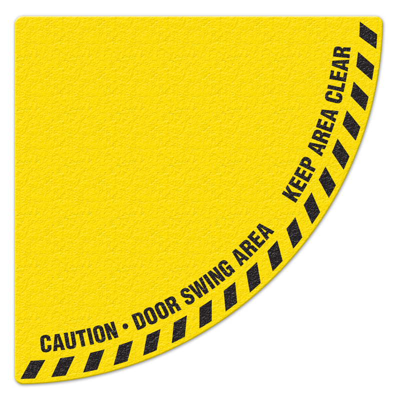 FS1043V CAUTION DOOR SWING AREA KEEP AREA CLEAR Textured Anti-Slip Grip Adhesive Floor Sign (34 in x 34 in Die Cut Arc)