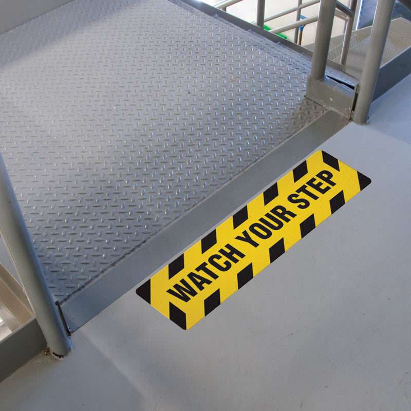 FS3018V CAUTION SAFETY GLASSES REQUIRED Yellow/Black Textured Anti-Slip Grip Adhesive Floor Sign (6 in x 24 in) 5 /pkg