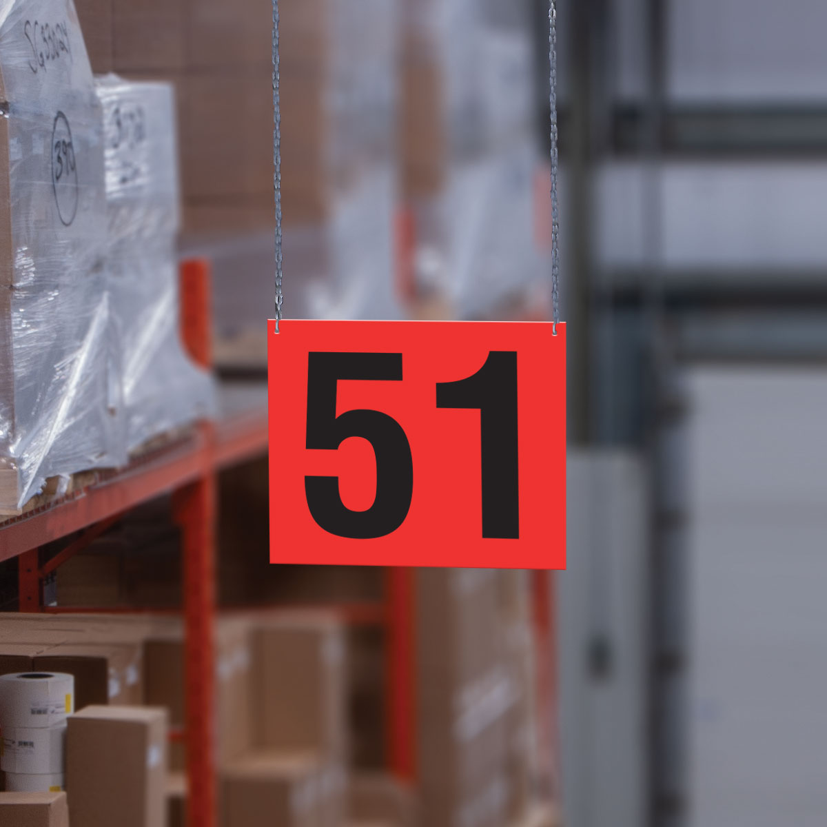 Heavy Duty Warehouse Aisle Location Signs (12 in x 10 in) Consecutively Numbered (10 /pkg) hanging from the ceiling