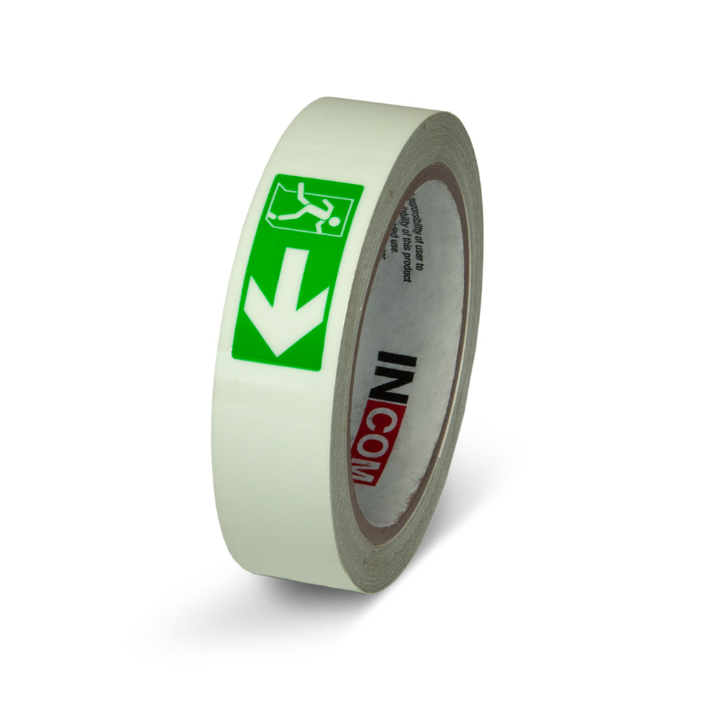 Fire Exit Directional Glow-in-the-Dark Phololuminescent Adhesive Safety Tape (1 in x 30 ft)
