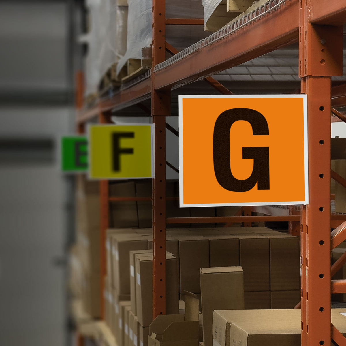 Heavy Duty Warehouse Aisle Location Signs (12 in x 10 in) Consecutively Lettered with L-Bend Printed Both Sides (10 /pkg) mounted on racking