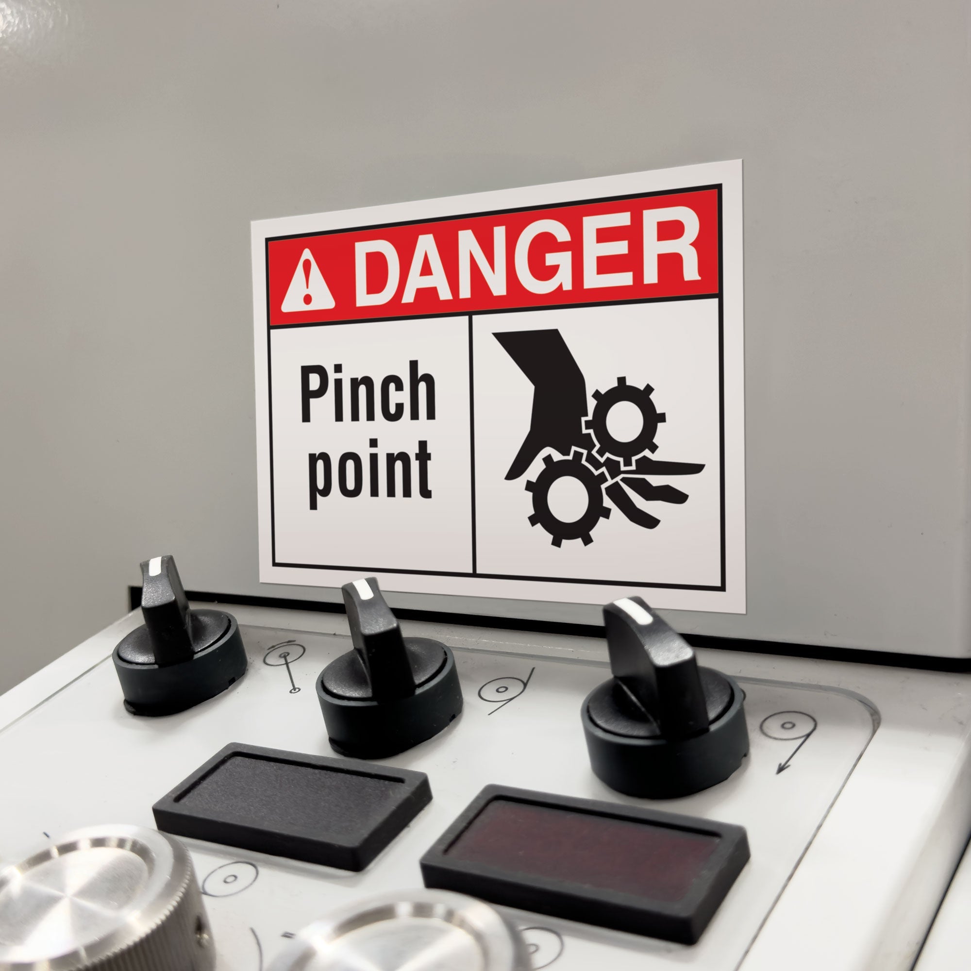 MGD100 DANGER PINCH POINT Machine and Equipment Safety Hazard Warning Laminated Decals (3.5 in x 5") 8 per Sheet applied above the controls of a machine