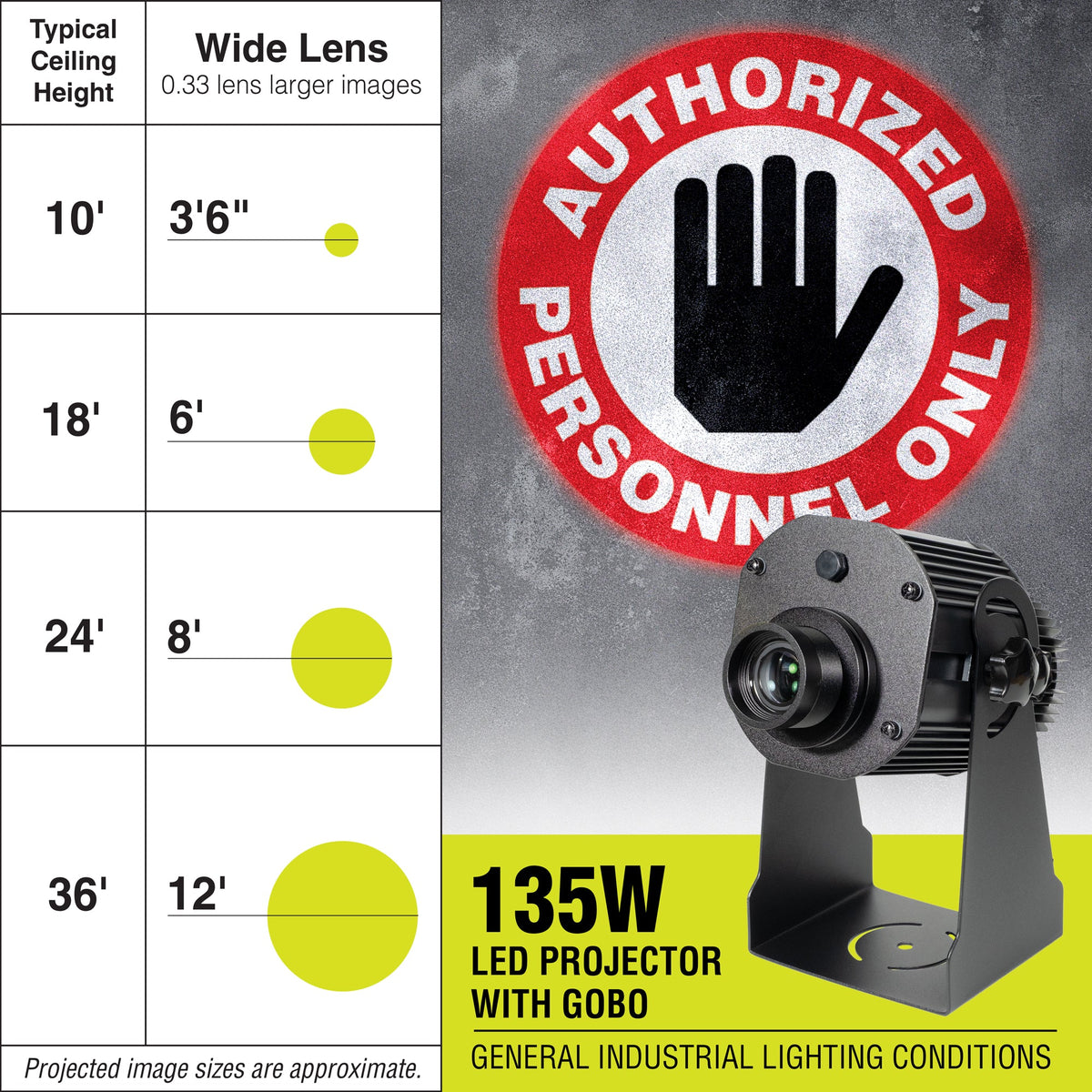 PROJ135W1000 135 WATT WAREHOUSE FLOOR AND WALL SAFETY SIGN PROJECTOR Wide Lens with AUTHORIZED PERSONNEL ONLY Sign