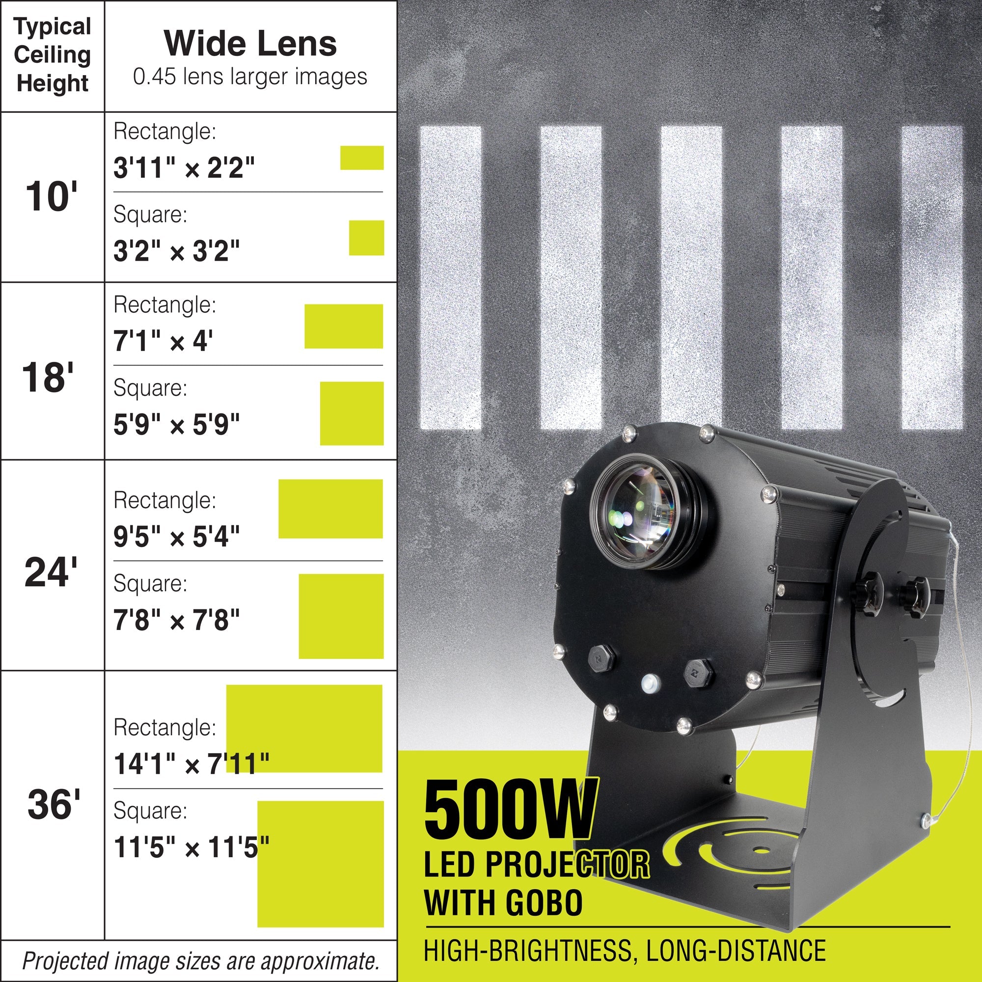 PROJ500W2002 500 WATT WAREHOUSE FLOOR AND WALL SAFETY SIGN PROJECTOR Wide Lens with Alternating White Stripes