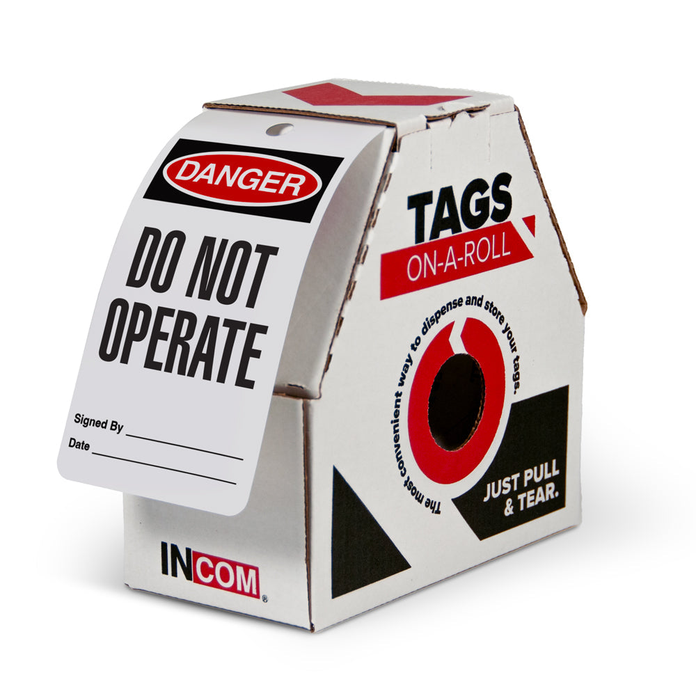 DANGER DO NOT OPERATE DuraPly™ Safety Tags-on-a-Roll 3 in x 6.25 in with Dispenser Box