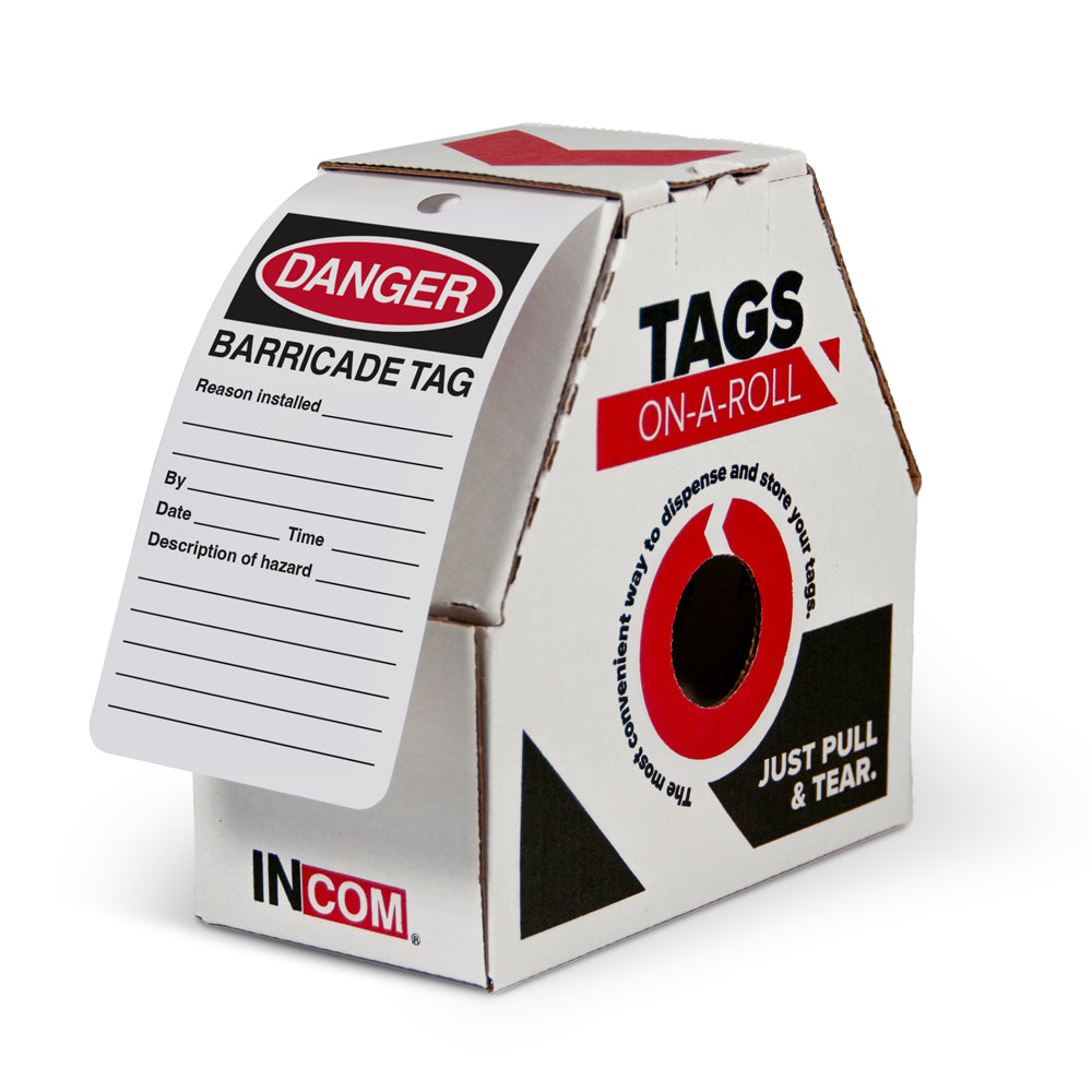 DANGER BARRICADE TAG DuraPly™ Safety Tags-on-a-Roll 3 in x 6.25 in with Dispenser Box