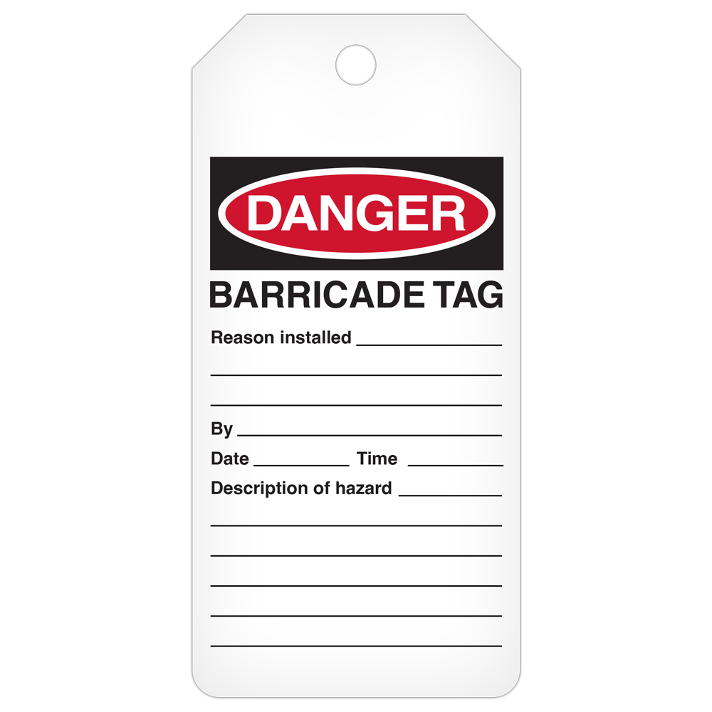 DANGER BARRICADE TAG DuraPly™ Safety Tags-on-a-Roll 3 in x 6.25 in with Dispenser Box