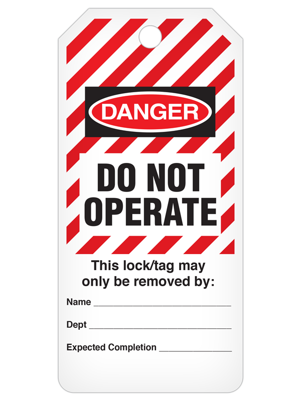 DANGER DO NOT OPERATE Striped DuraPly™ Safety Tags-on-a-Roll 3 in x 6.25 in with Dispenser Box