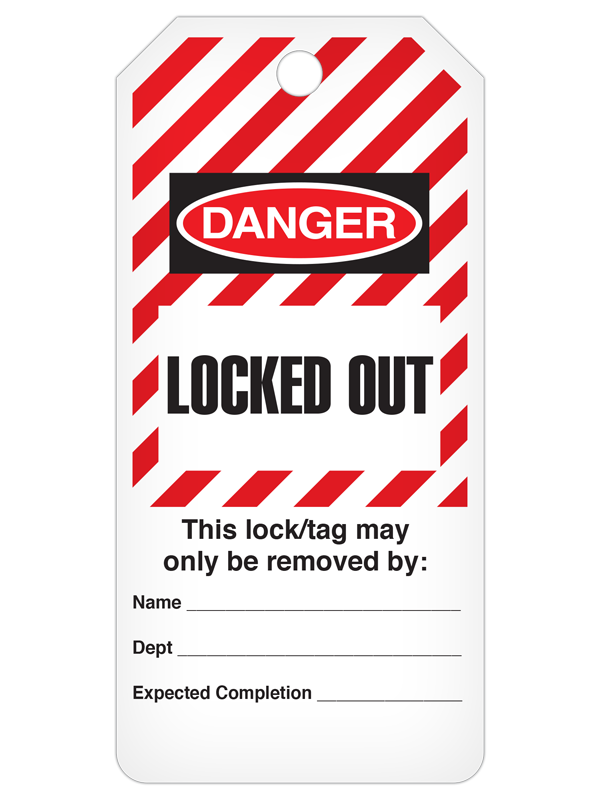 DANGER LOCKED OUT Striped DuraPly™ Safety Tags-on-a-Roll 3 in x 6.25 in with Dispenser Box