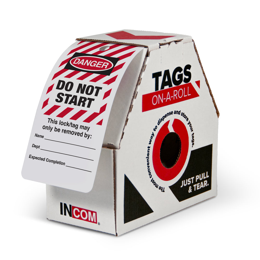 DANGER DO NOT START Striped DuraPly™ Safety Tags-on-a-Roll 3 in x 6.25 in with Dispenser Box