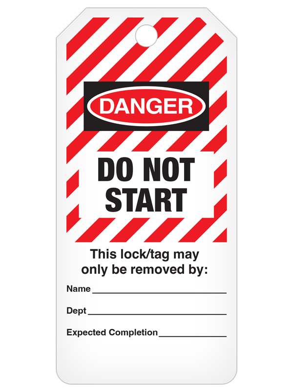 DANGER DO NOT START Striped DuraPly™ Safety Tags-on-a-Roll 3 in x 6.25 in with Dispenser Box