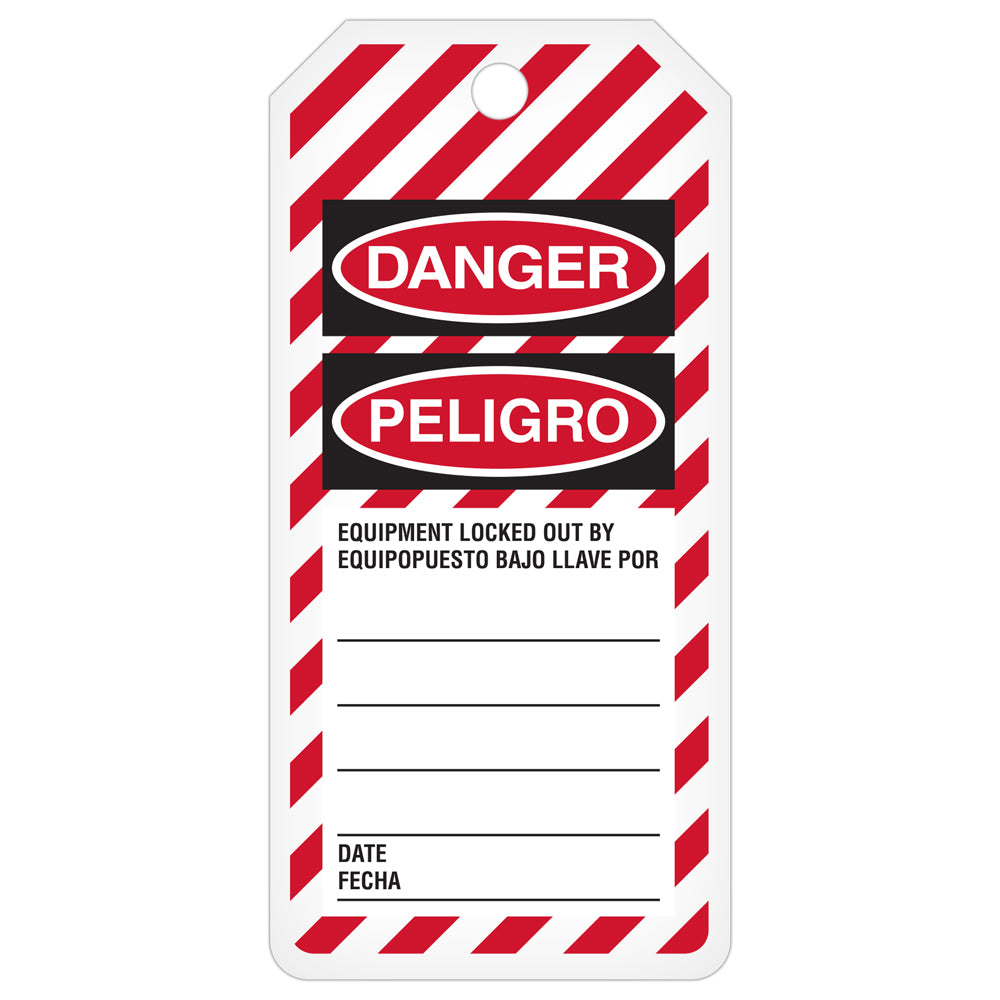 DANGER DO NOT OPERATE/PELIGRO NO PONGA EN FUNCIONAMIENTO Bilingual Striped DuraPly™ Safety Tags-on-a-Roll 3 in x 6.25 in with Dispenser Box