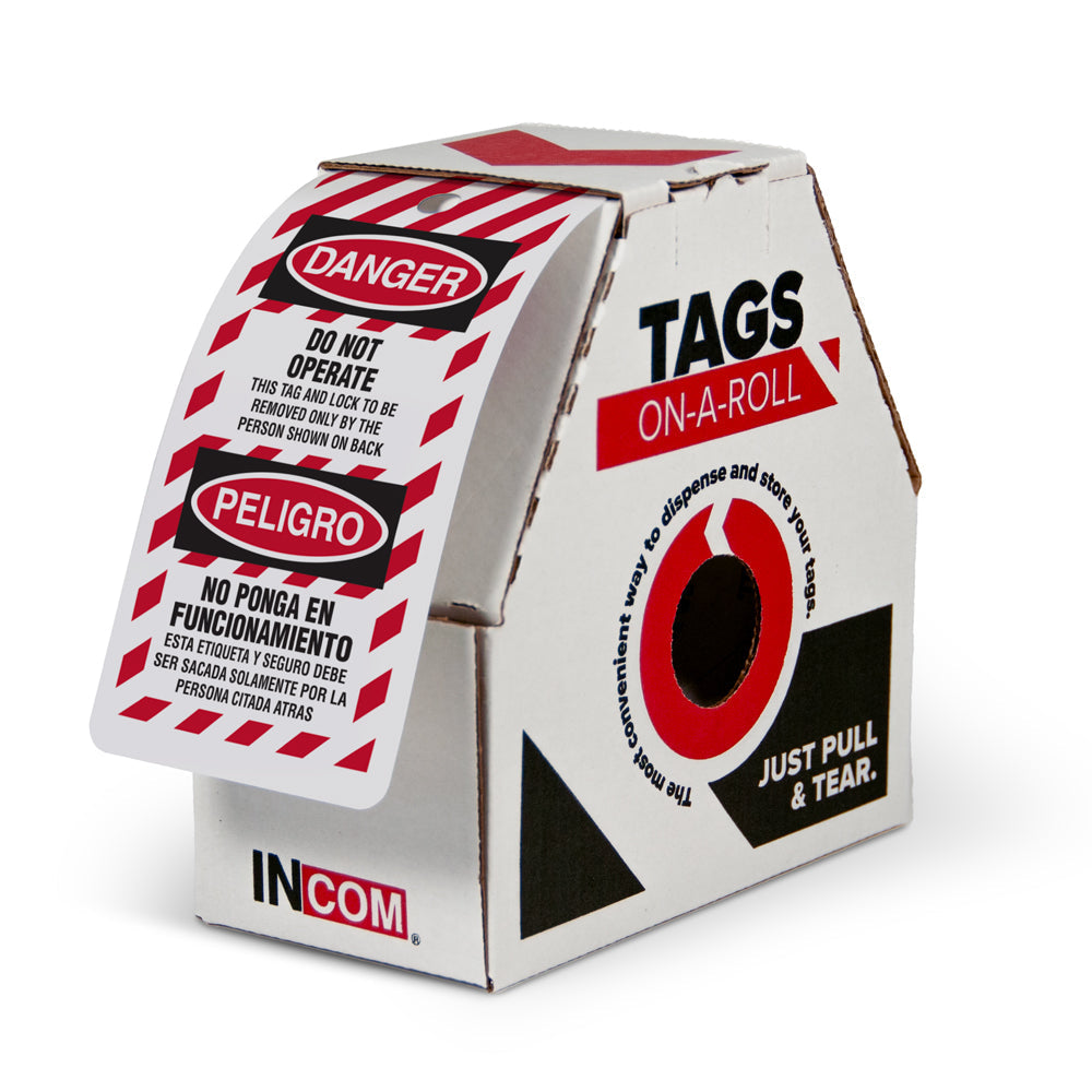 DANGER DO NOT OPERATE/PELIGRO NO PONGA EN FUNCIONAMIENTO Bilingual Striped DuraPly™ Safety Tags-on-a-Roll 3 in x 6.25 in with Dispenser Box