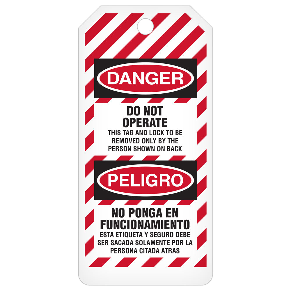 DANGER DO NOT OPERATE/PELIGRO NO PONGA EN FUNCIONAMIENTO Bilingual Striped DuraPly™ Safety Tags-on-a-Roll 3 in x 6.25 in with Dispenser Box