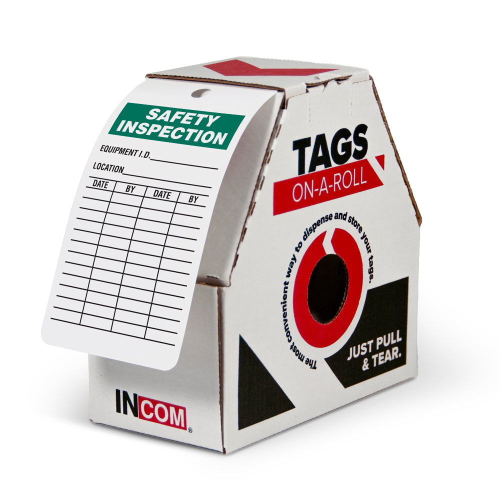 SAFETY INSPECTION DuraPly™ Safety Tags-on-a-Roll 3 in x 6.25 in with Dispenser Box