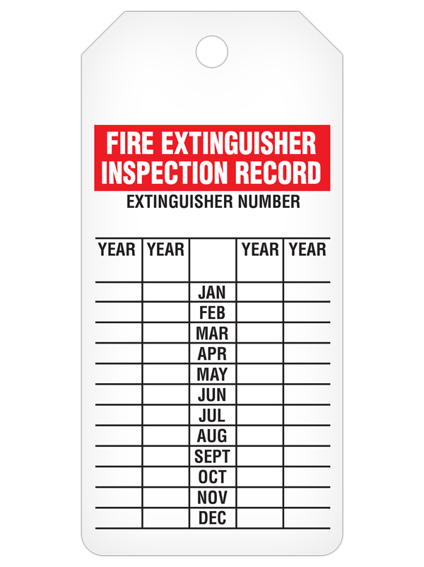 4 YEAR MONTHLY FIRE EXTINGUISHER INSPECTION RECORD DuraPly™ Safety Tags-on-a-Roll 3 in x 6.25 in with Dispenser Box