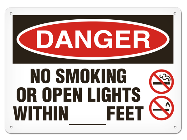 DANGER NO SMOKING OR OPEN LIGHTS WITHIN _________ FEET PrimeGuard® Traditional OSHA Style Safety Sign