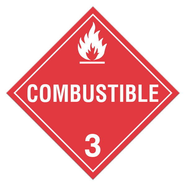 Class 3 COMBUSTIBLE LIQUIDS DOT Worded Hazmat Placards (100 /pkg)