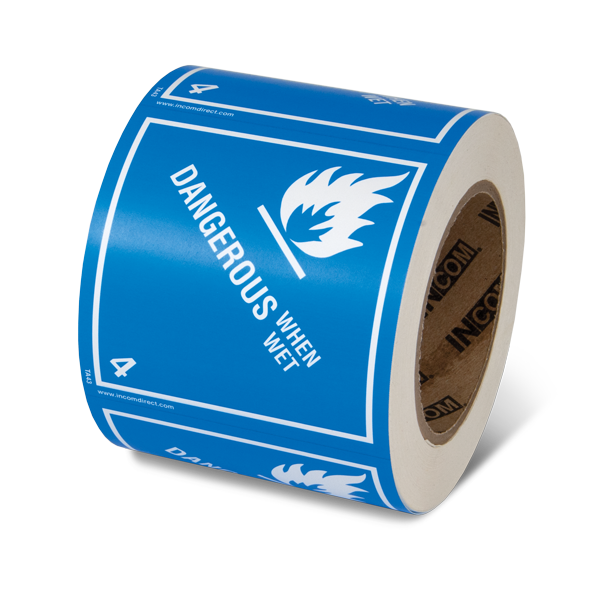 Class 4.3 DANGEROUS WHEN WET Hazmat Hazardous Material DOT Worded Shipping Labels (4 in x 4 in) 500 /roll