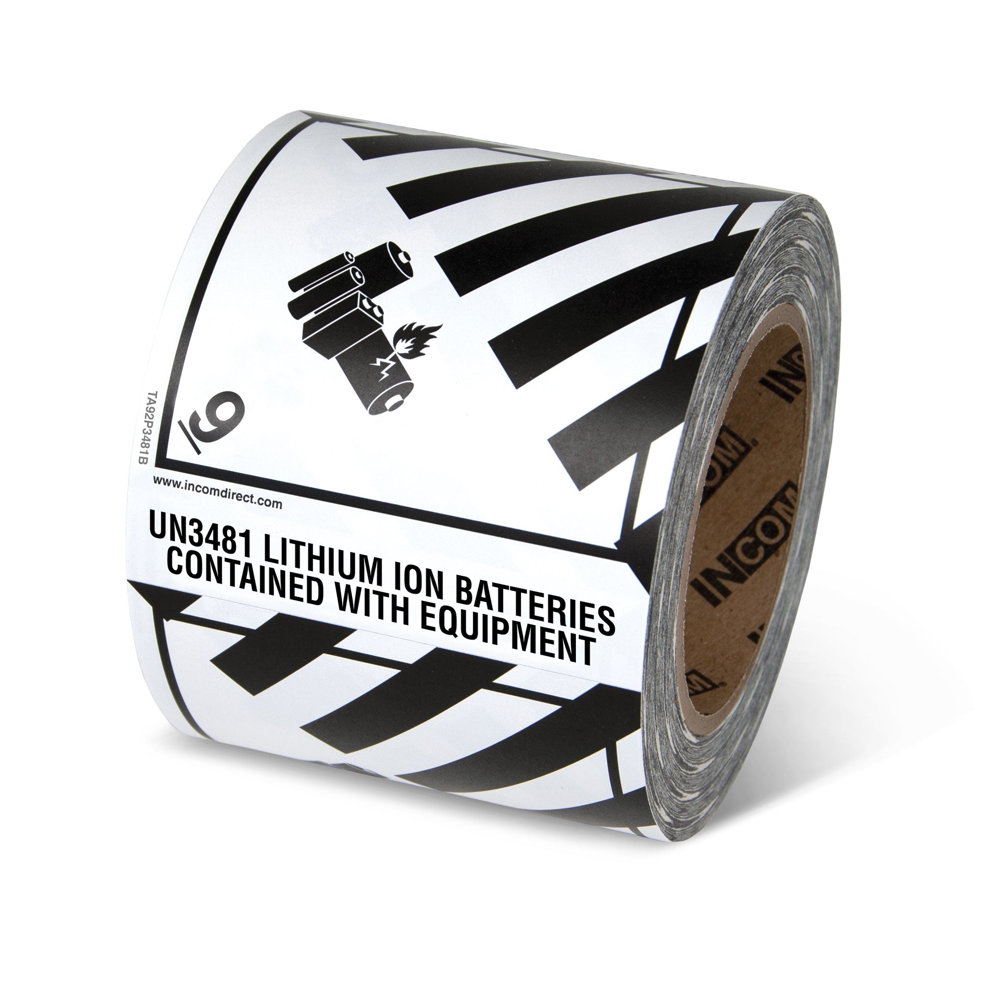 TA92P3481B Class 9 UN3481 MISCELLANEOUS PRODUCTS LITHIUM ION BATTERIES CONTAINED WITH EQUIPMENT Hazmat Hazardous Material DOT Worded Preprinted Tabbed Shipping Labels (4 in x 4.75 in) 500 /roll