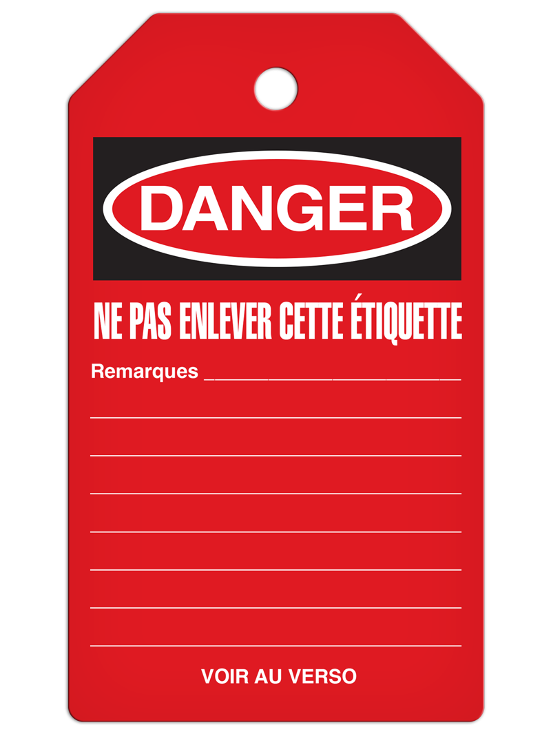 Red DANGER DÉFENSE D'ACTIONNER French DuraPly™ Tag (25/pkg)