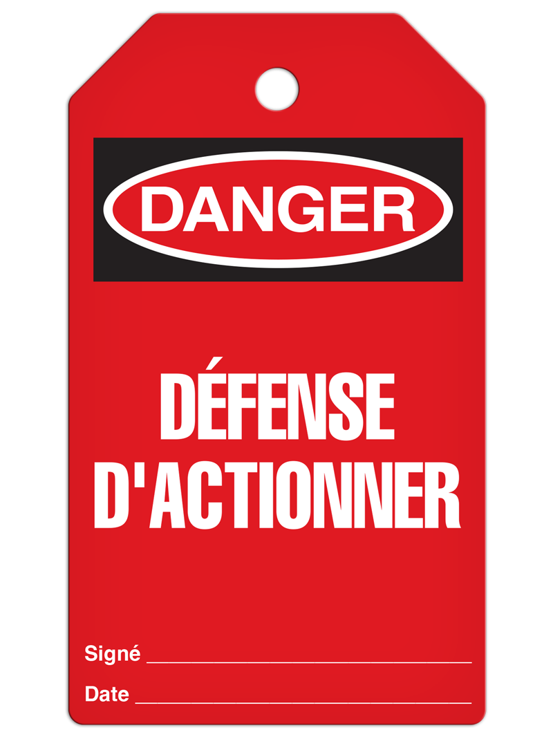 Red DANGER DÉFENSE D'ACTIONNER French DuraPly™ Tag (25/pkg)
