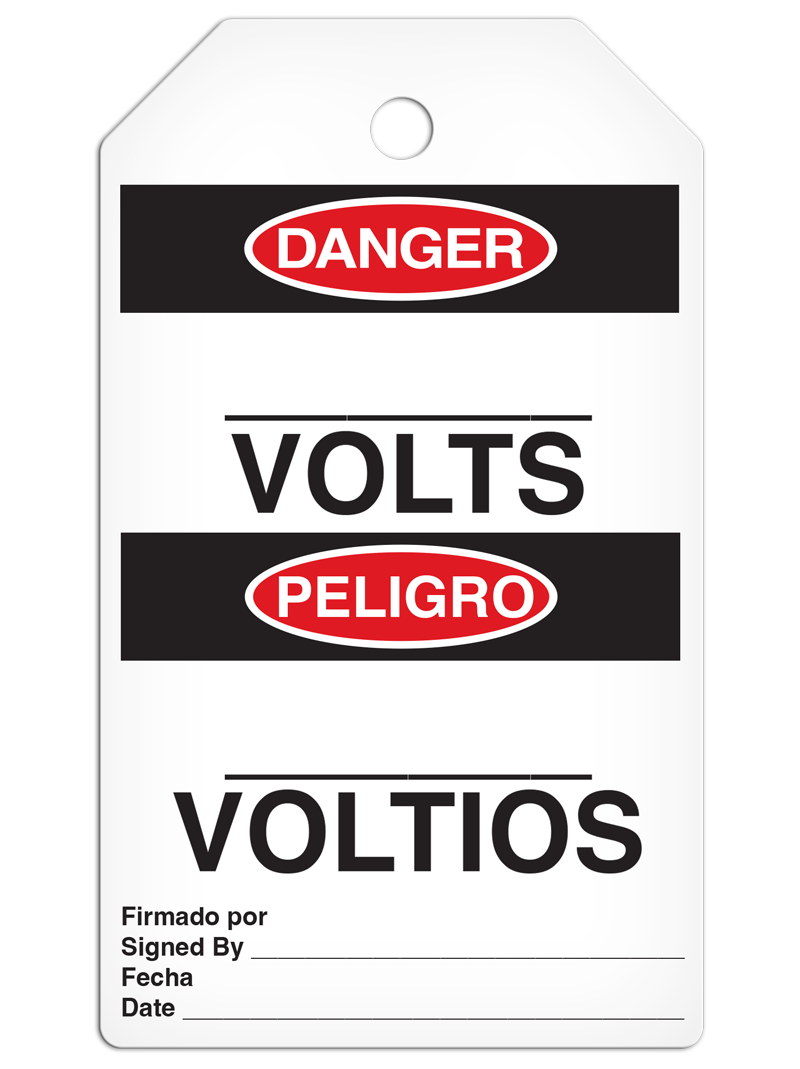 DANGER __ VOLTS English/Spanish Bilingual DuraPly™ Tag (25/pkg)