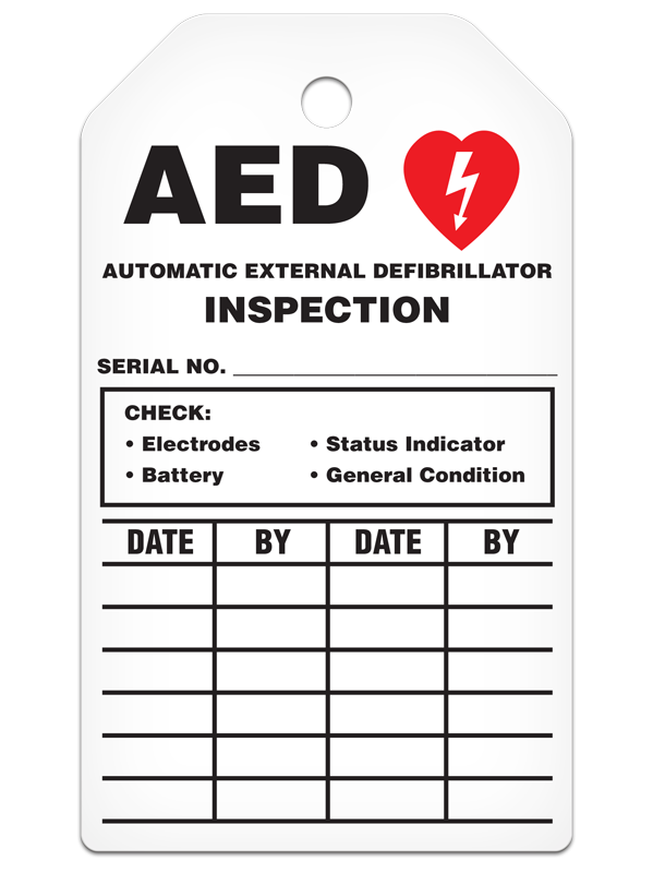 AED AUTOMATIC EXTERNAL DEFIBRILLATOR INSPECTION DuraPly™ Safety Tag (25/pkg)