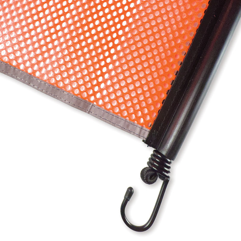 TS8330OR Heavy Haul Blaze Orange Polyester Jersey Transport Flags with Lime Reflective "X" Mounted on Bungee Cord with Hooks (18 in x 18 in)