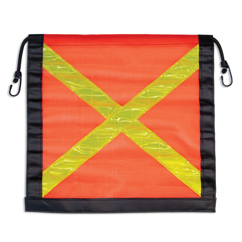TS8330OR Heavy Haul Blaze Orange Polyester Jersey Transport Flags with Lime Reflective "X" Mounted on Bungee Cord with Hooks (18 in x 18 in)