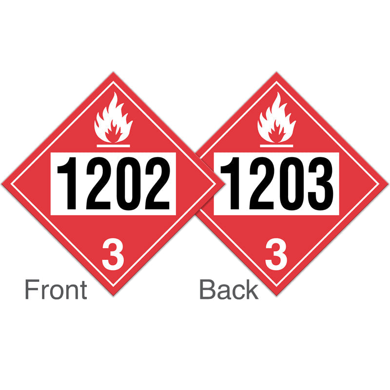 Class 3 FLAMMABLE LIQUIDS Double Sided DOT Hazmat and TDG International Dangerous Goods UN 1202 & 1203 Pre-numbered 4-digit Placards (100 /pkg)