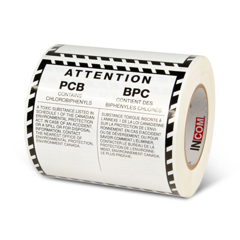 TT486 ATTENTION PCB/ BPC Bilingual Hazardous Material and Waste Label (6 in x 6 in) 500 /roll in roll form