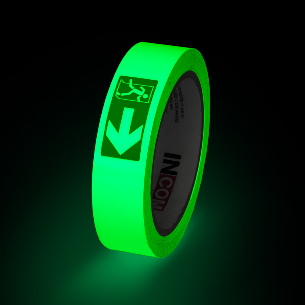 Fire Exit Directional Glow-in-the-Dark Phololuminescent Adhesive Safety Tape (1 in x 30 ft)