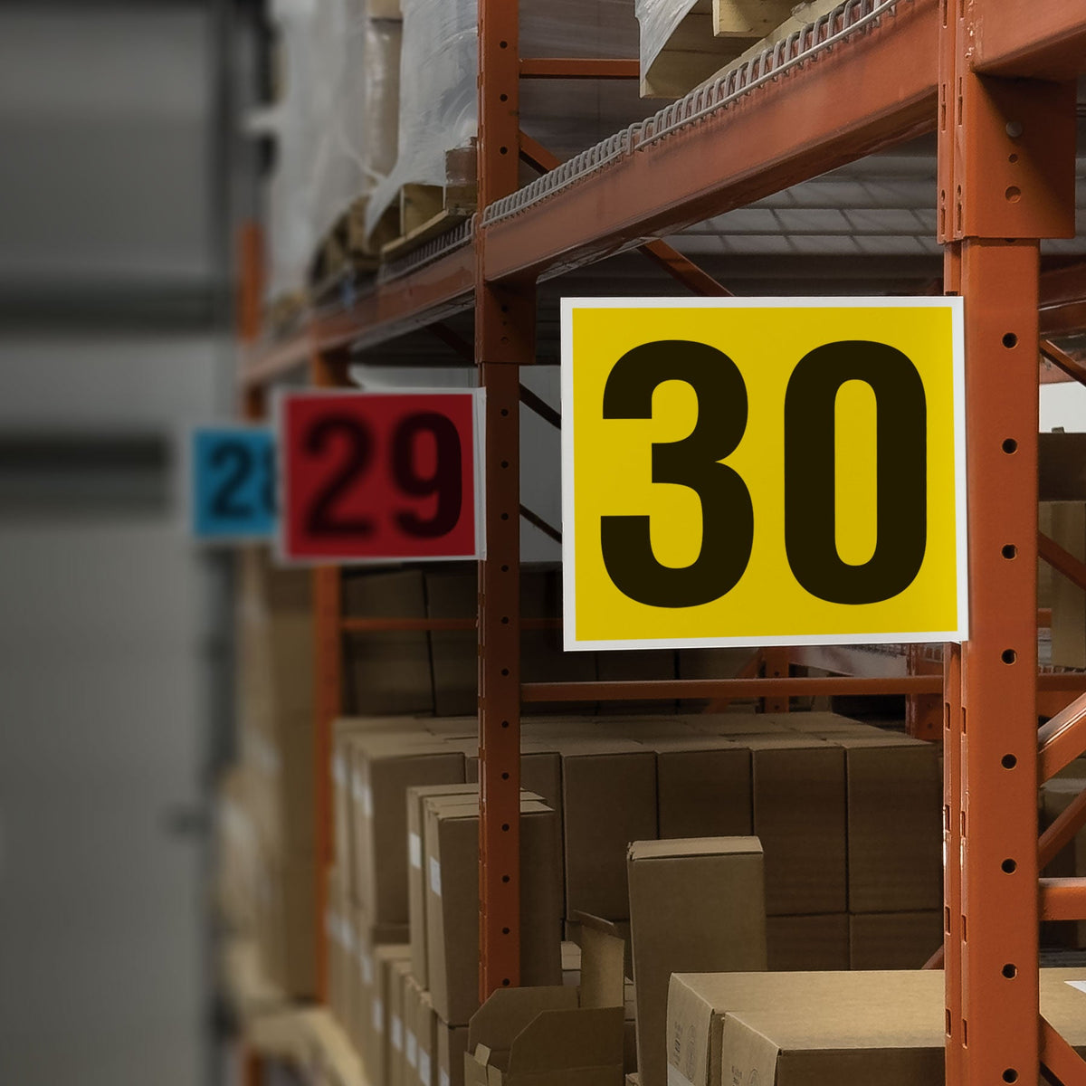 Heavy Duty Warehouse Aisle Location Signs (12 in x 10 in) Consecutively Numbered with L-Bend Printed Both Sides (10 /pkg) mounted to racking