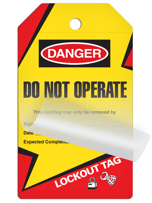 SLM6002 LOCKOUT/TAGOUT  DO NOT OPERATE Stripe DuraPly™ Tag with DuraLAM™ Self-Laminating Flap (25/pkg)