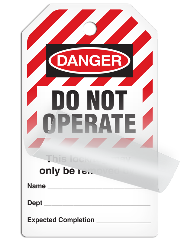 SLM6025 LOCKOUT/TAGOUT  DO NOT OPERATE Lightning Bolt DuraPly™ Tag with DuraLAM™ Self-Laminating Flap (25/pkg)