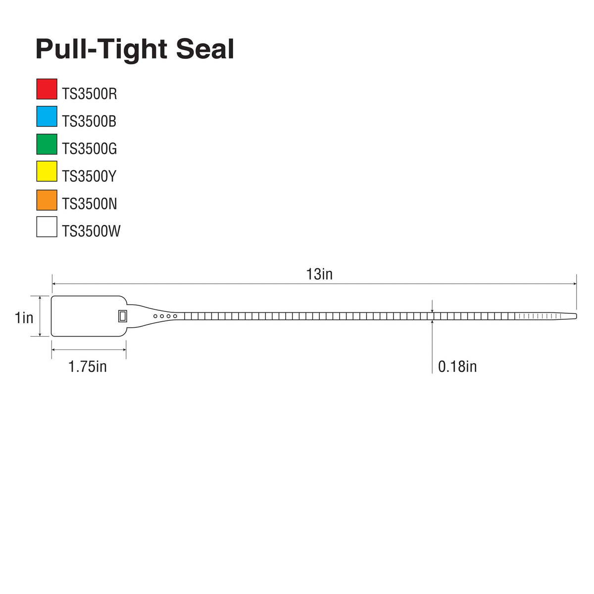 TS3500-series Tamper Evident Plastic Pull Tight Security Seals (1,000 /case) line drawing with dimensions